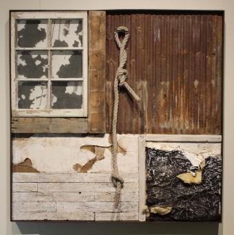 Storied, 2018, wood, tin, newsprint, cardboard, canvas, insulation, found objects, graphite, acrylic, 48x48 inches, W. Lemen Bredehoft