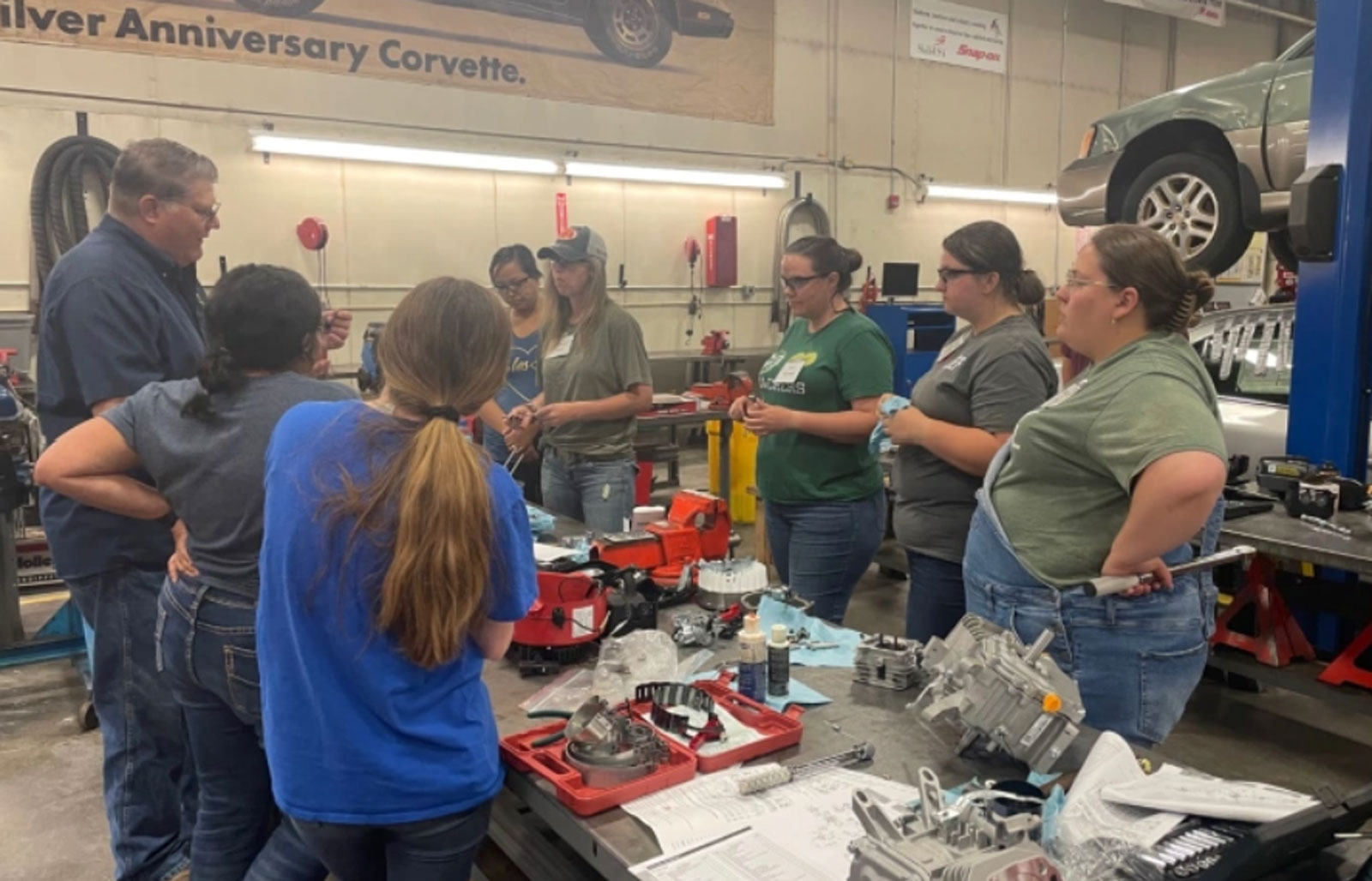 NJC Instructor Layton Peterman speaks with northeast Colorado high school agriculture instructors at Northeastern Junior College Applied Technology Campus during the engine fundamental training. 