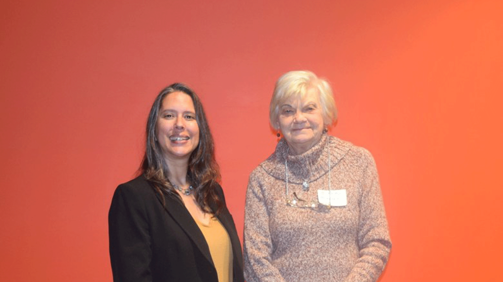 NJC Alumni Association Executive Director Heather Brungardt, left, congratulates Service Award recipient Betty Brunner at the Hoops Homecoming Awards Luncheon Saturday, Feb. 19, 2022.