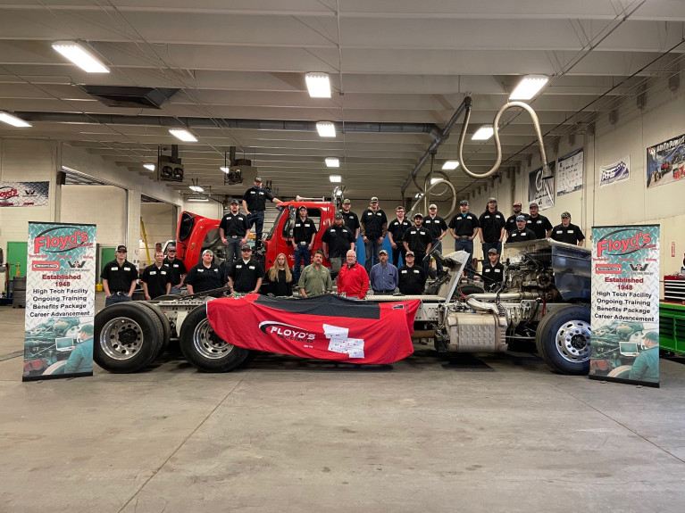 Northeastern Junior College diesel technology students and instructors are pictured with Mark Felker (center in the red jacket), from Floyd’s Truck Center, out of Scottsbluff, Neb. Felker visited the campus on March 2, 2021, to talk to students about career opportunities.