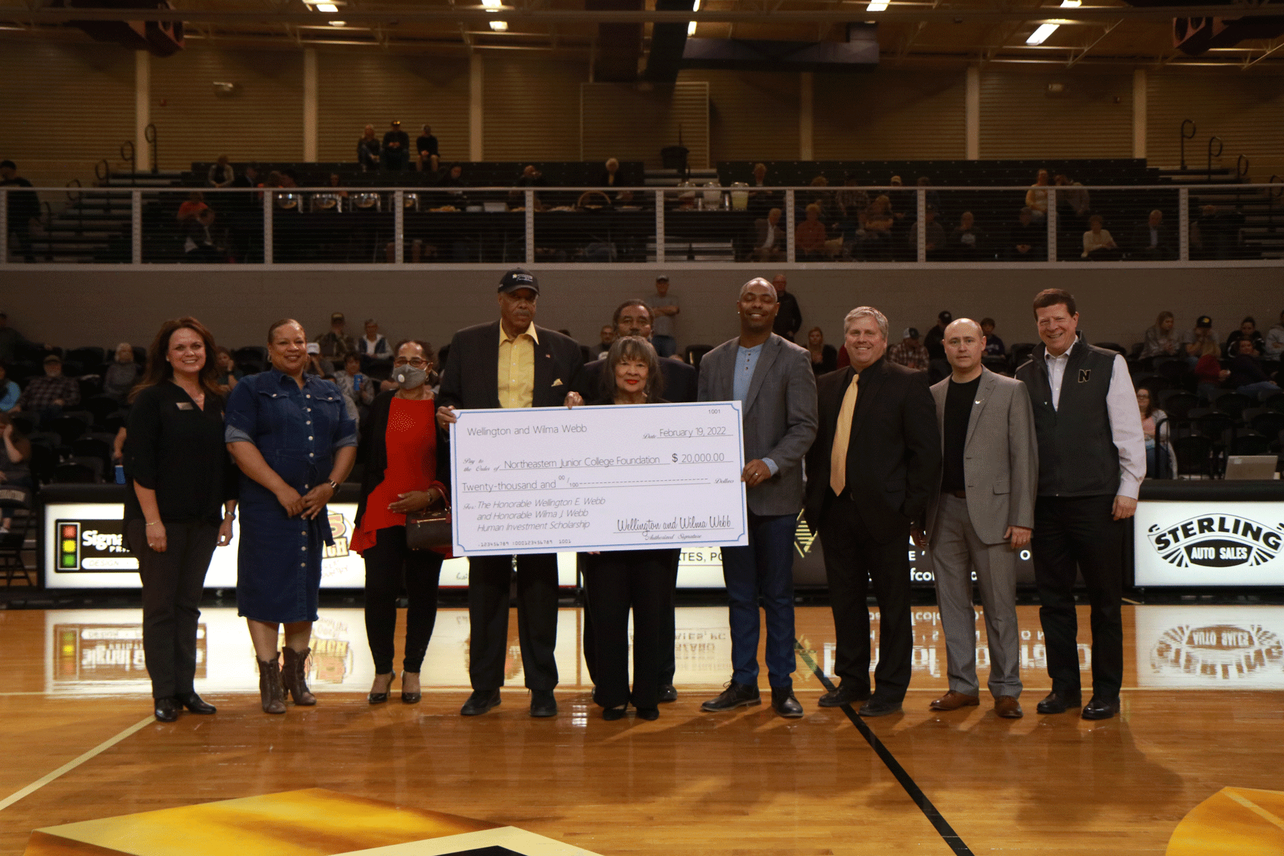 Mayor Wellington Webb and First-Lady and former State Representative Wilma J. Webb, along with their family members son Anthony Webb, daughter-in-law Rosemary Webb, daughter Stephanie Omalley and grandson Allen Webb, presented a $20,000 donation to the NJC Foundation Saturday, Feb. 19, 2022, during Northeastern’s Hoops Homecoming basketball games