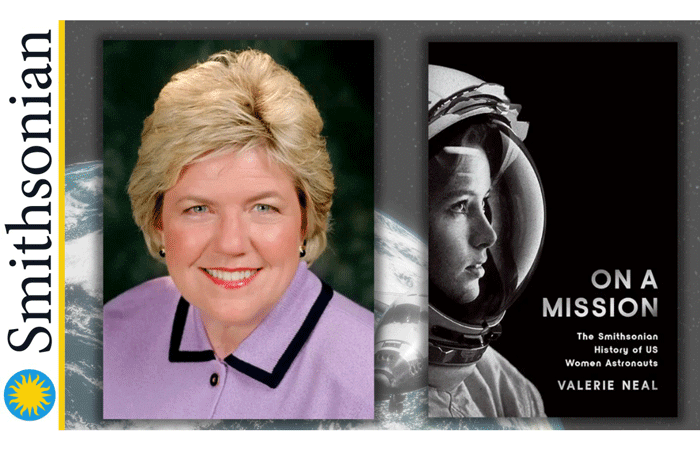 Author Valerie Neal with her book On a Mission The Smithsonian History of US women Astronauts