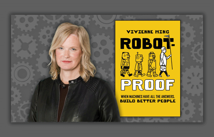 Author Vivienne Ming with book cover Robot-Proof When machines have all the answers, build better people