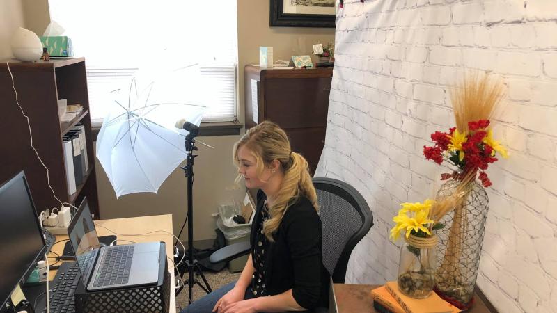 Shelby Clark competes virtually in the National Collegiate Farm Bureau Discussion Meet in March.