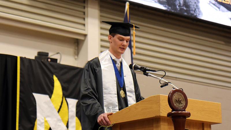 ASG President Phil Ruch addresses his fellow graduates at the 80th Annual NJC Commencement Ceremony on May 12, 2023.