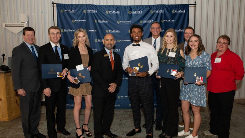 CCCS Student Awards picture featuring Mike White, Brandon Melnikoff, Noelle Meagher, Chancellor Joe Garcia, Steve Spurgeon, Steve Smith, Paige Finegan, Tim Stahley, Kat Marty, and Jeri Garrett