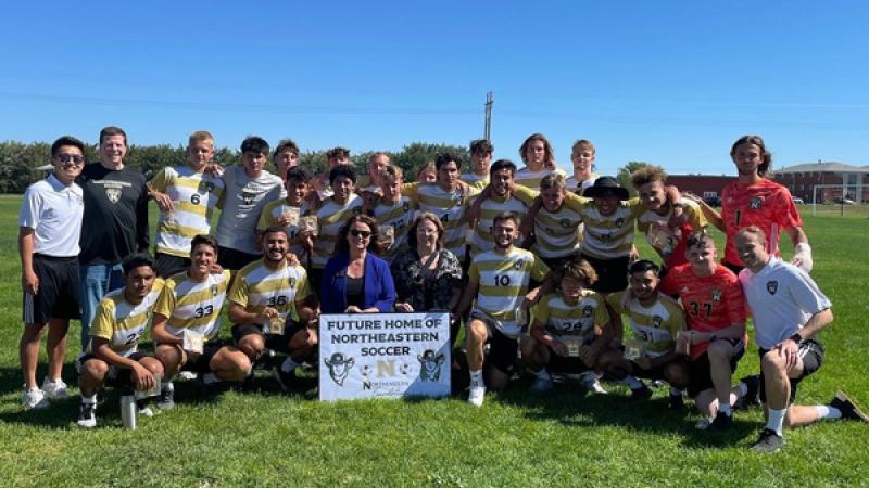 Northeastern Mens Soccer Team at the Groundbreaking Ceremony for the new soccer field at Plainsmen Park.