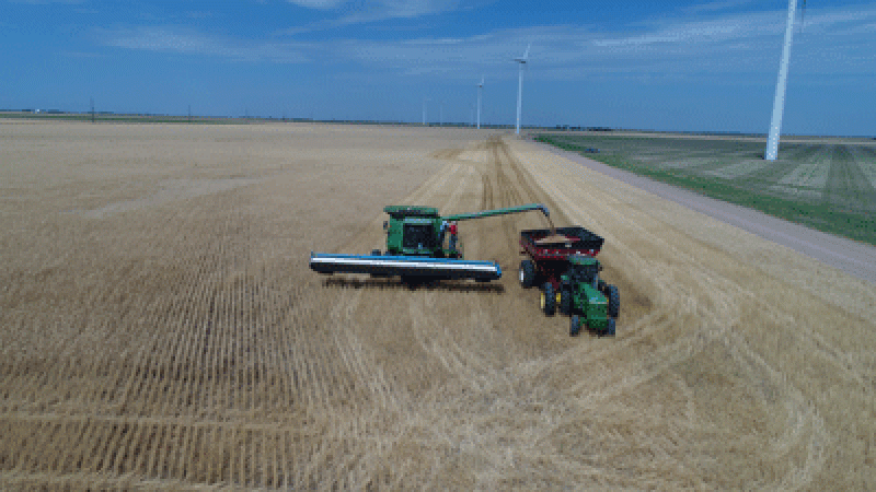 Drone image of combine in field