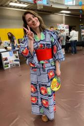 Sarah Stone-Robinson in a traditional Japanese kimono at the Northeastern Junior College Annual Culture Fair in 2020.