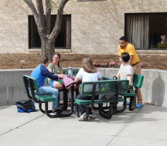 students talking at a picnic table