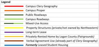 Legend for Clery Geography for the Northeastern Junior College Main Campus locations and the Non-Campus Clery Geography associated with the Main Campus.